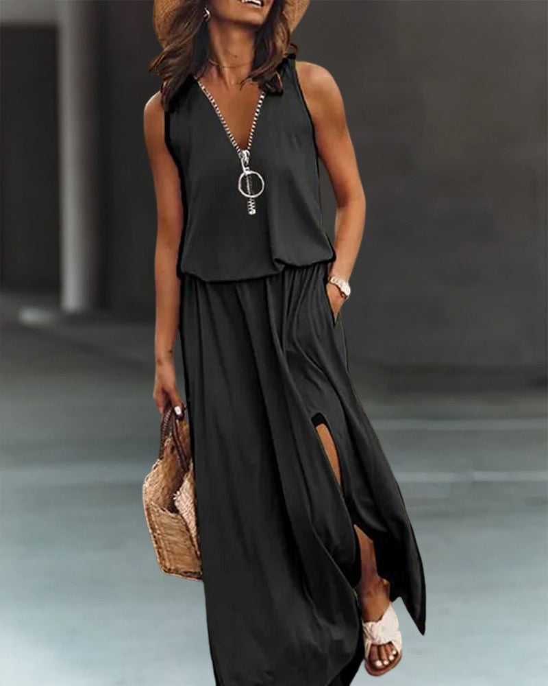 Ensfarget kjole med glidelås og splitt