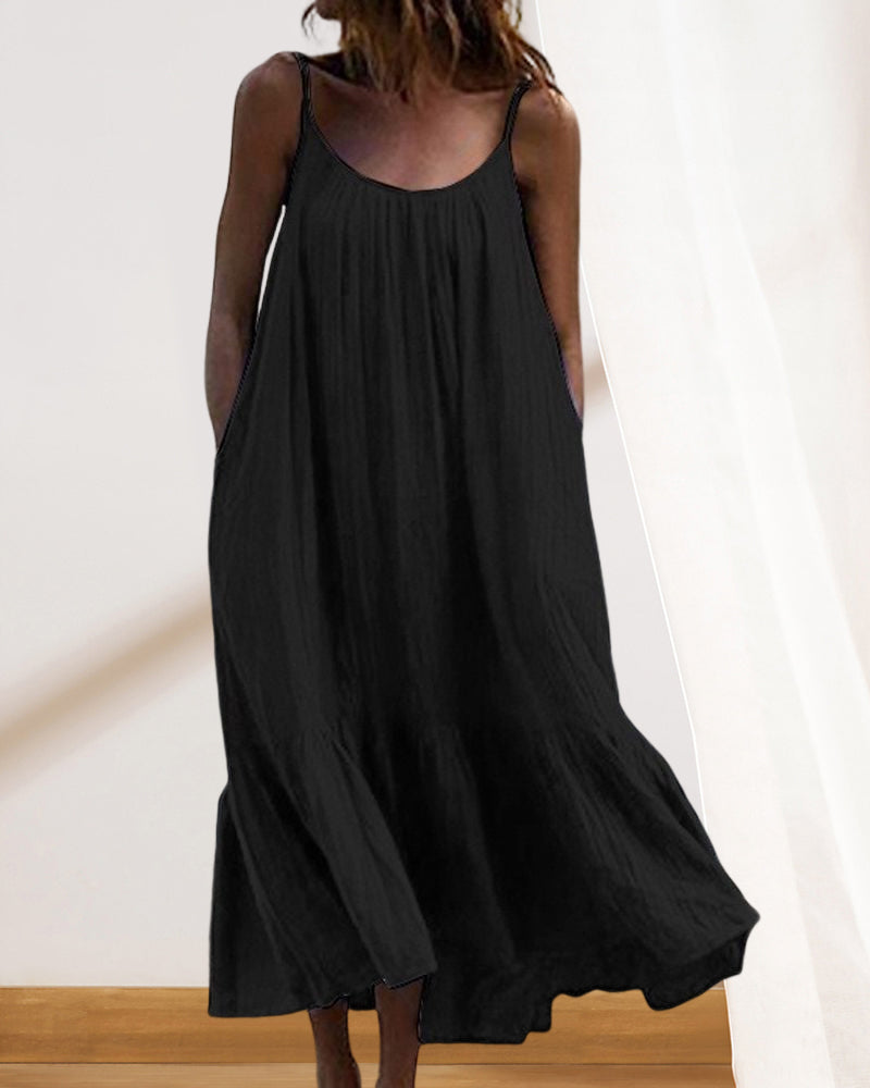 Ensfarget ermeløs midikjole