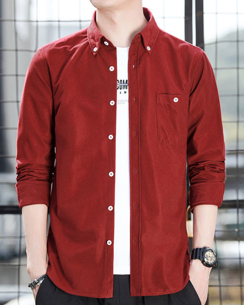 Skjorte med ensfarget med langermet med cordfløyel