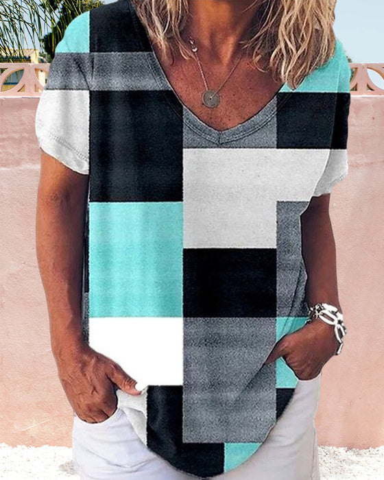 T-skjorte med blomster og rutete trykk med korte ermer