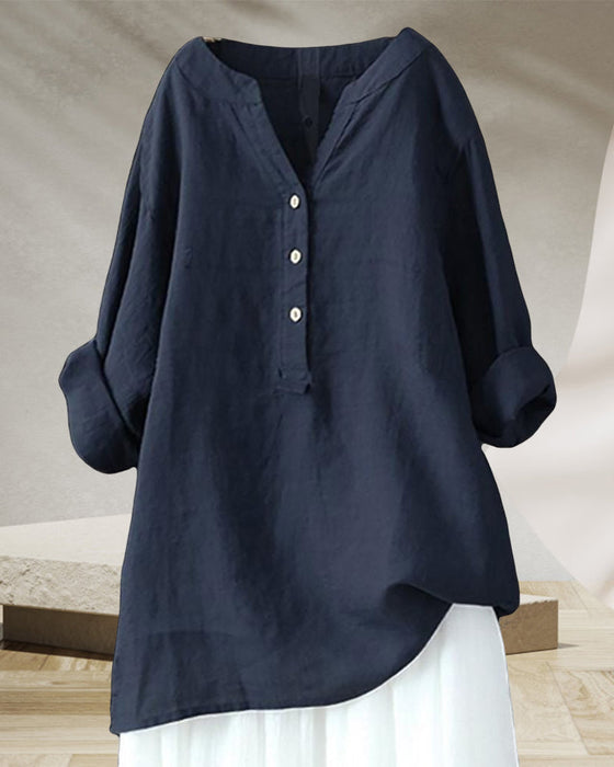 Ensfarget langermet skjorte med V-hals