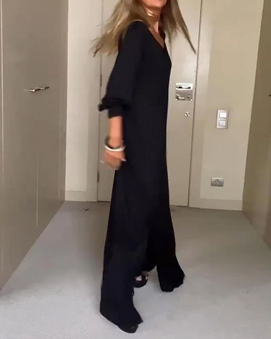 Uformell ensfarget kjole med v-hals