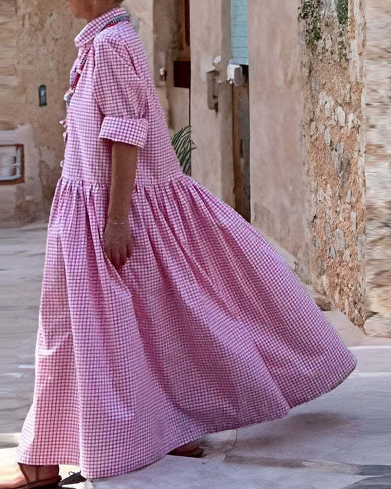 Loose lang kjole med rutete lappeteppe