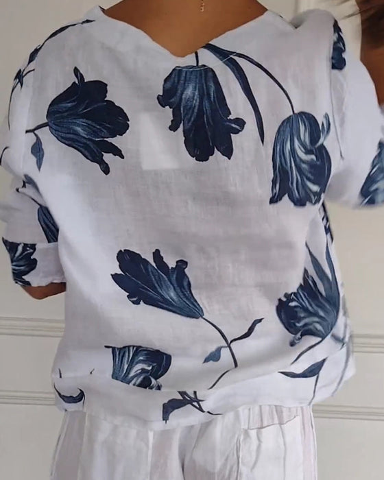 Topp med blomstertrykk i bomull og lin