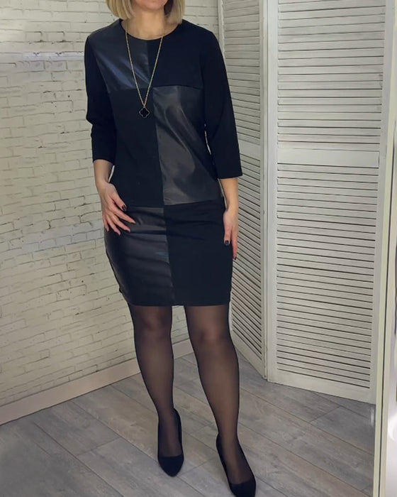 Patchwork-kjole i PU-skinn med rund hals