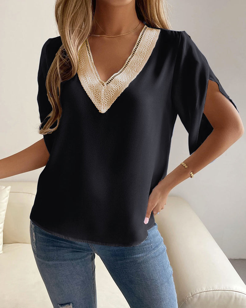 V-hals temperament kortermet skjorte i ensfarget