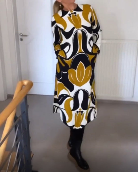 Trykt kjole med rund hals