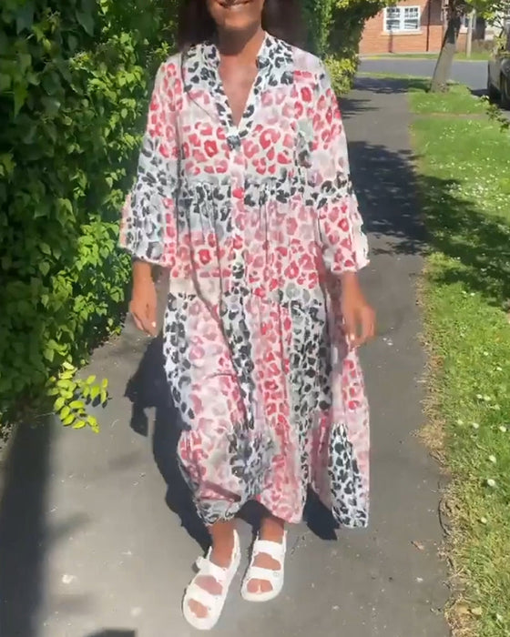 V-hals printet volang uformell kjole