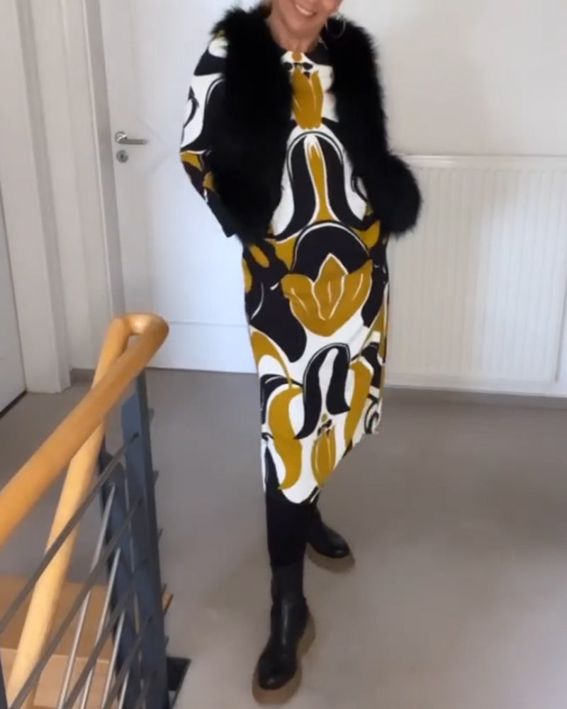 Trykt kjole med rund hals