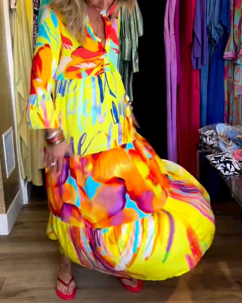 Kjole med utsvungne ermer og trykk