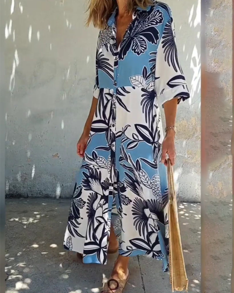 Uformell skjortekjole med blomstertrykk