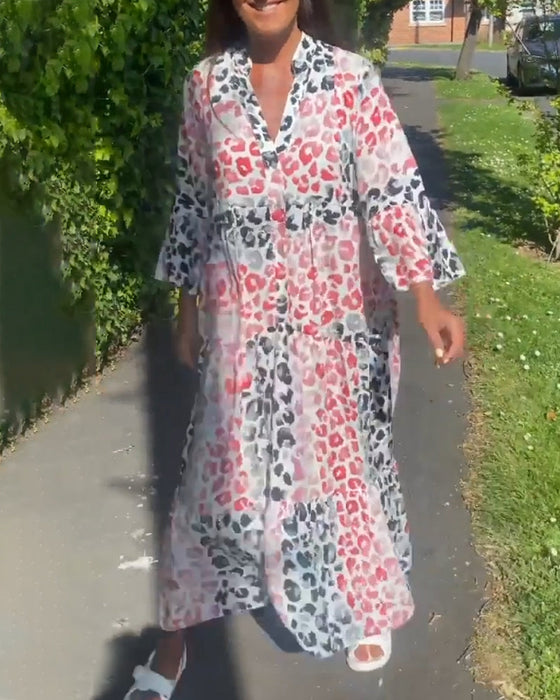 V-hals printet volang uformell kjole