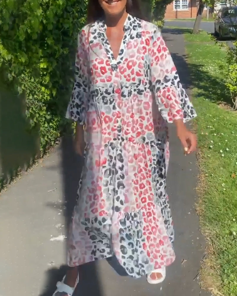 V-hals printet volang uformell kjole