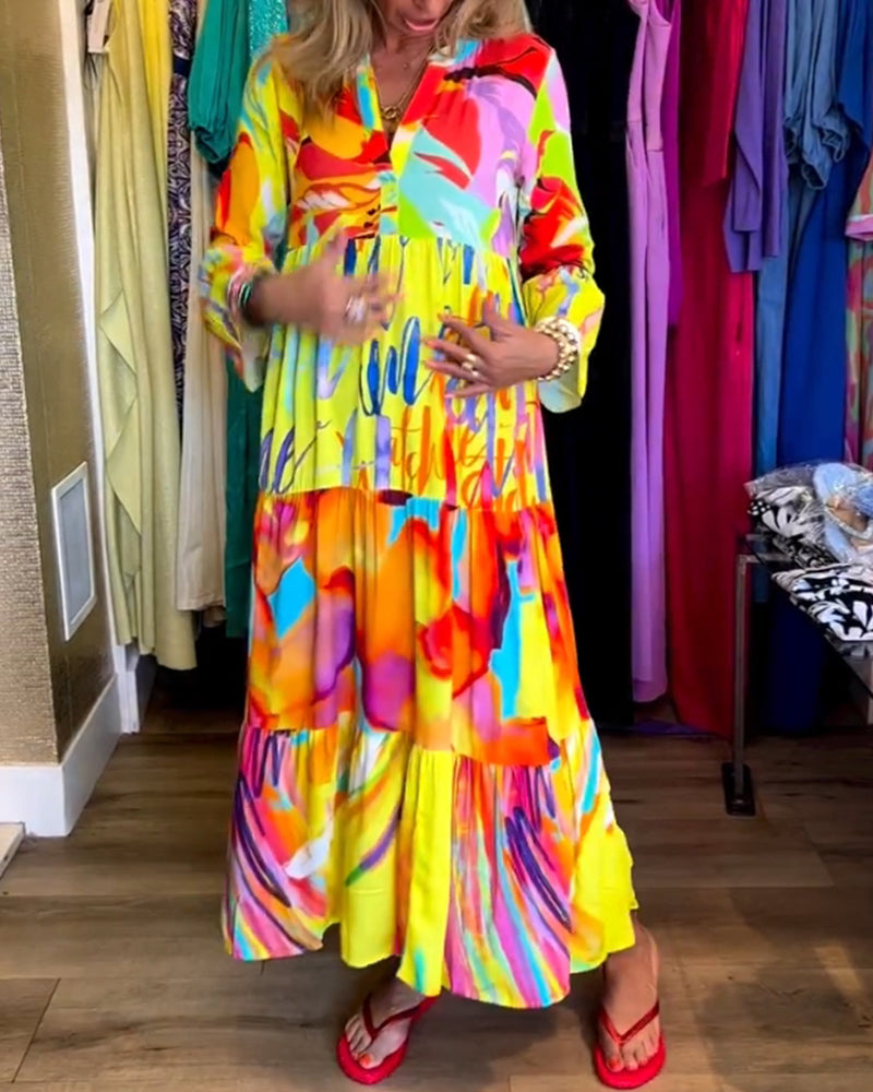 Kjole med utsvungne ermer og trykk