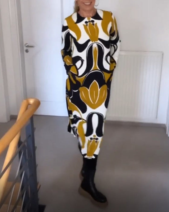 Trykt kjole med rund hals