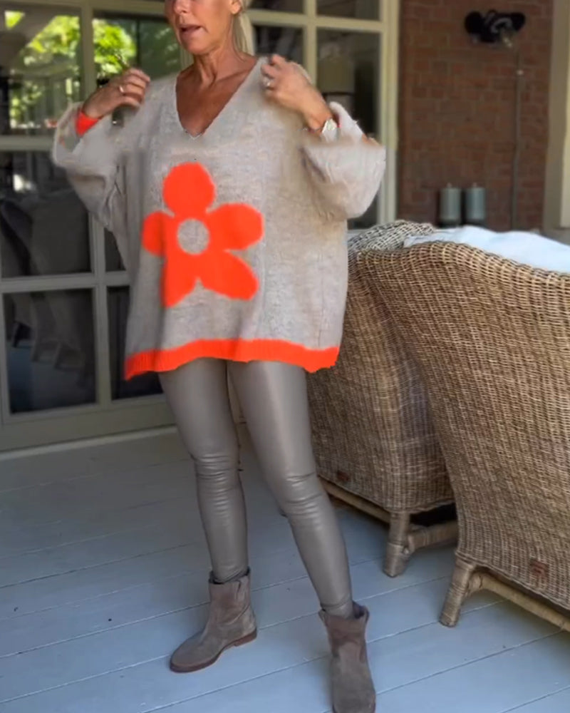 Blomstermønster v-hals genser