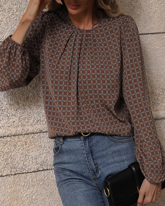 Topp med rund hals med retro geometrisk trykk