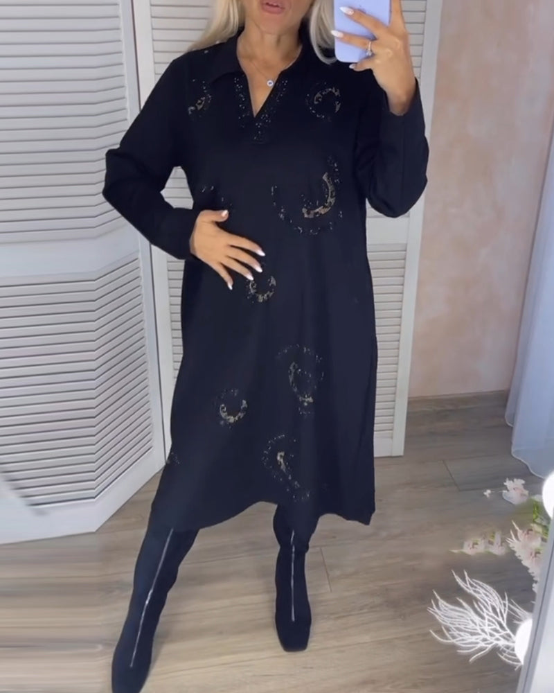 Midikjole med revers og lange ermer