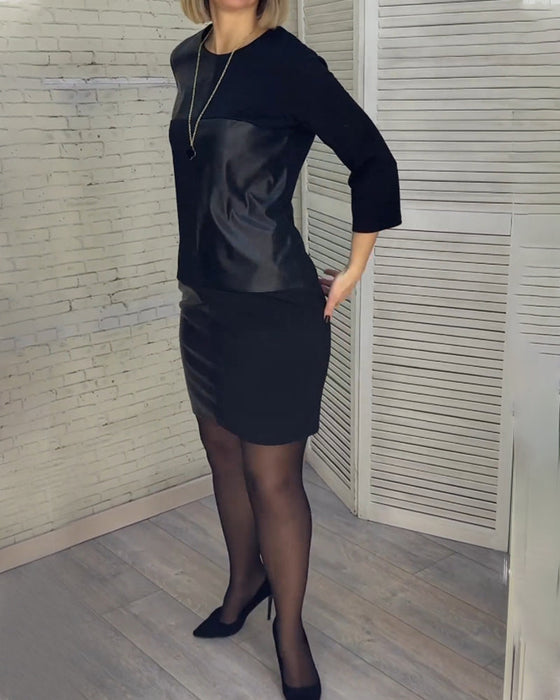 Patchwork-kjole i PU-skinn med rund hals