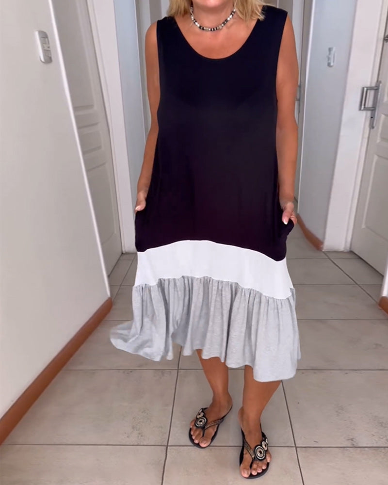 Kjole uten ermer og rund hals med fargeblokker