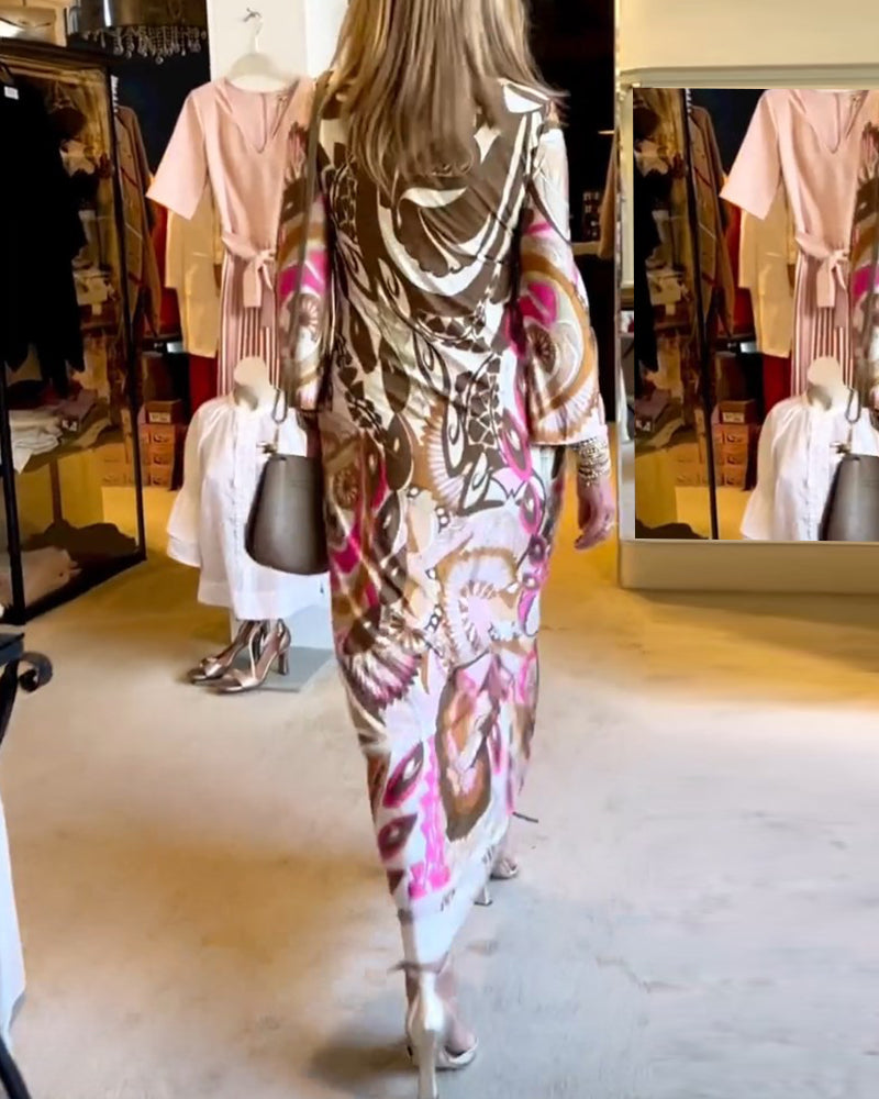 V-hals avslappet lang kjole med tryk