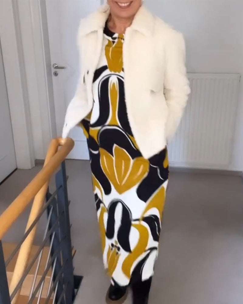 Trykt kjole med rund hals