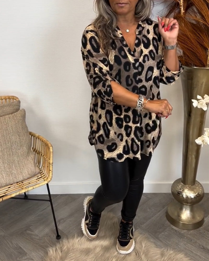 Langermet topp med leopard og trykk