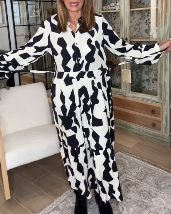 Printet langermet casual maxikjole