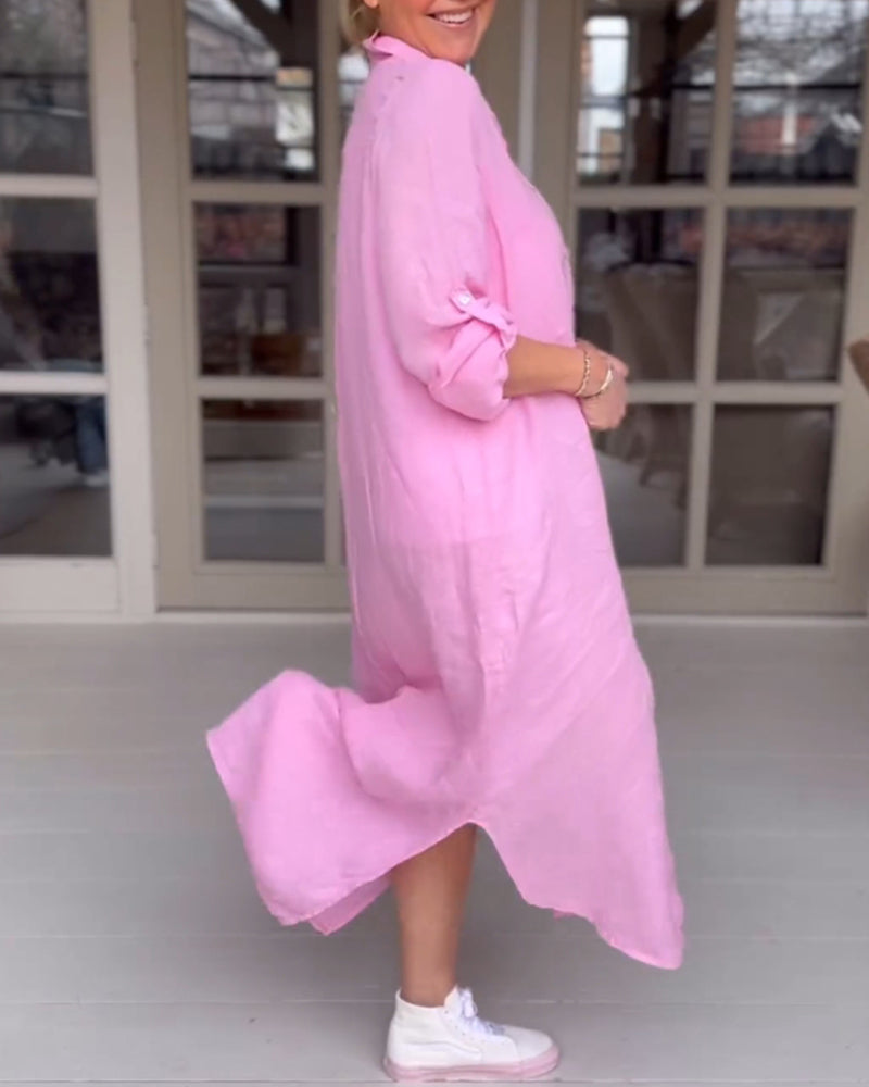 Ensfarget casual kjole med knapper
