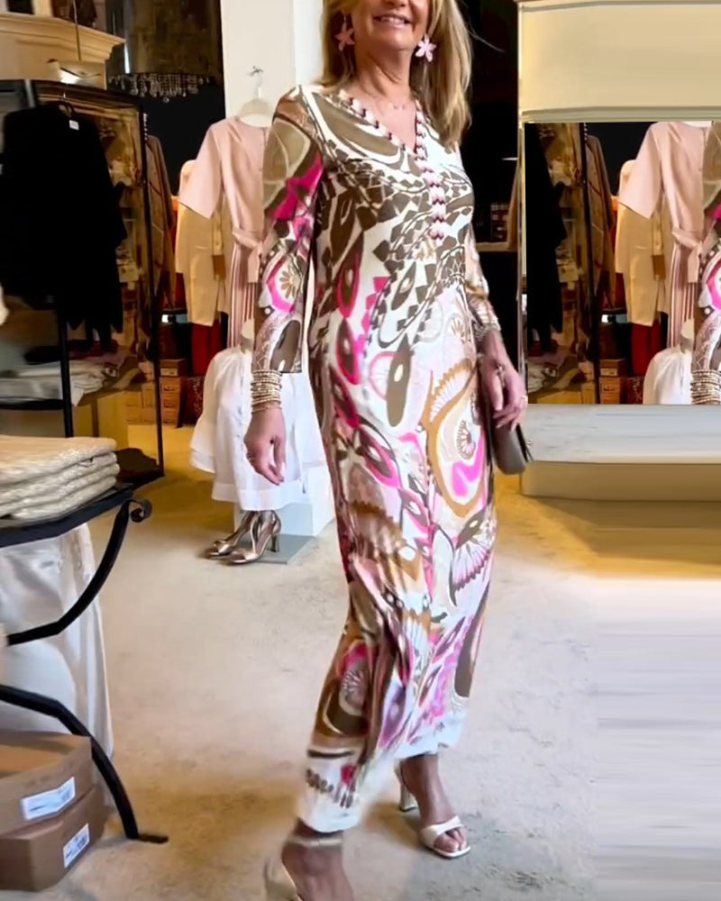 V-hals avslappet lang kjole med tryk