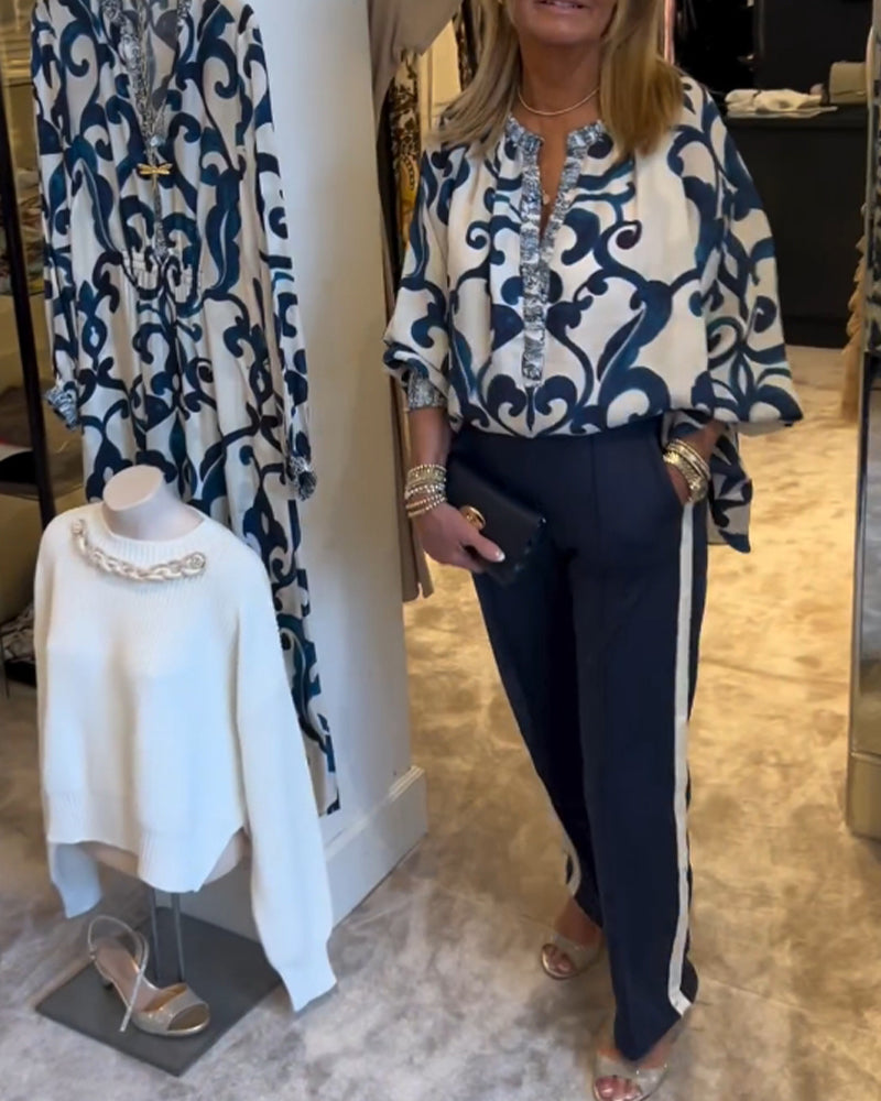 Bluse med lanterne med retromønstertrykk