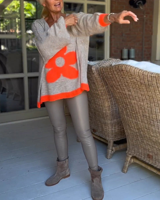 Blomstermønster v-hals genser