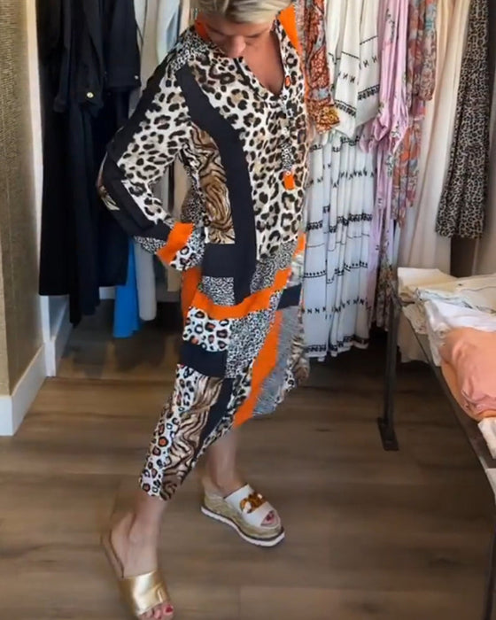 Leopard kjole med geometrisk trykk