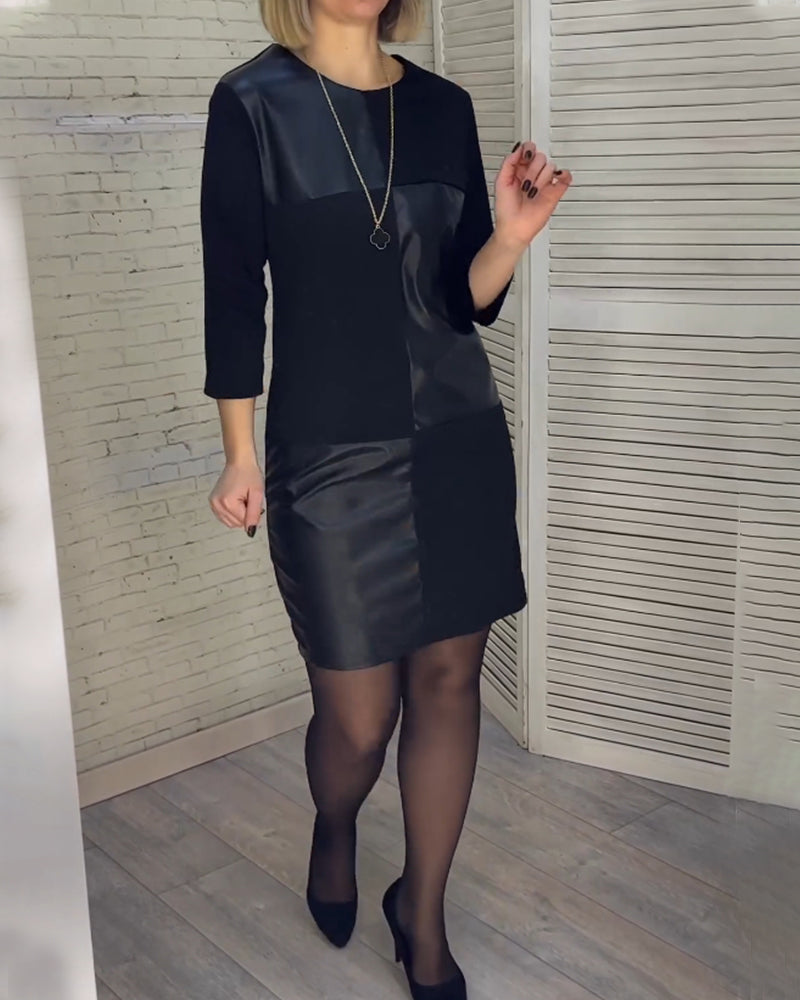 Patchwork-kjole i PU-skinn med rund hals