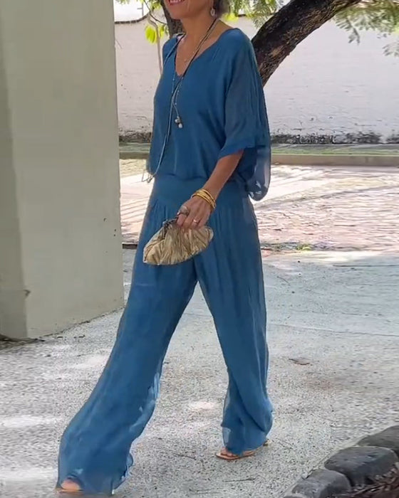 Ensfarget V-hals casual todelt dress