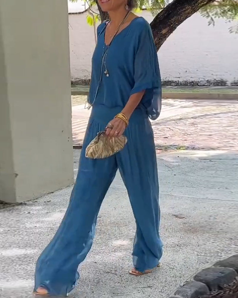 Ensfarget V-hals casual todelt dress