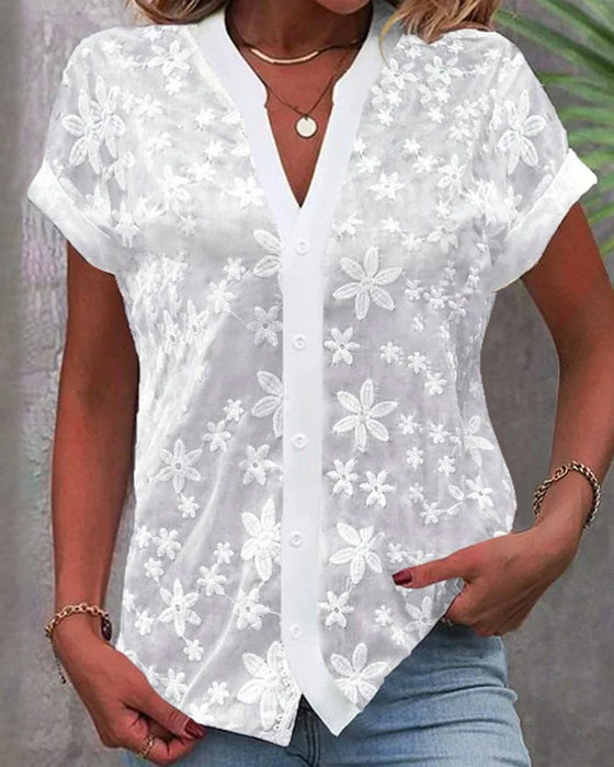 Bluse med korte ermer og V-hals