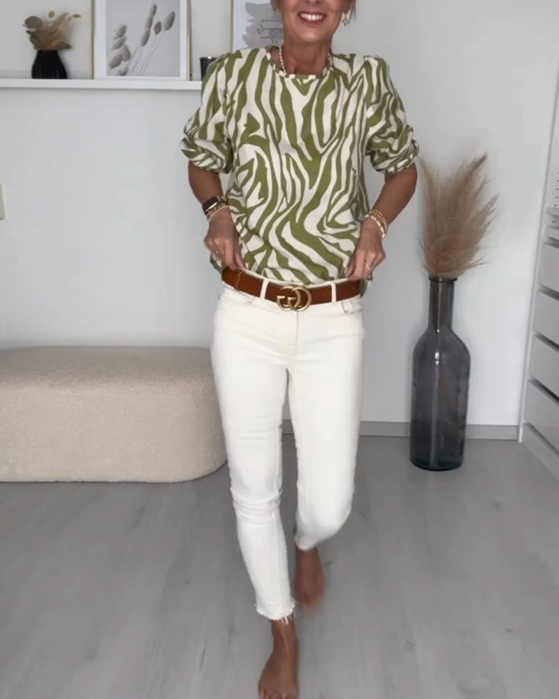 Bluse med rund hals med sebratrykk